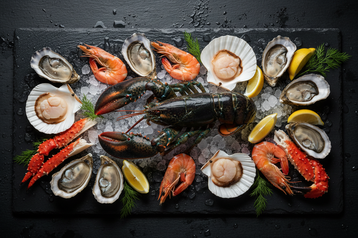 Live lobster platter flat lay